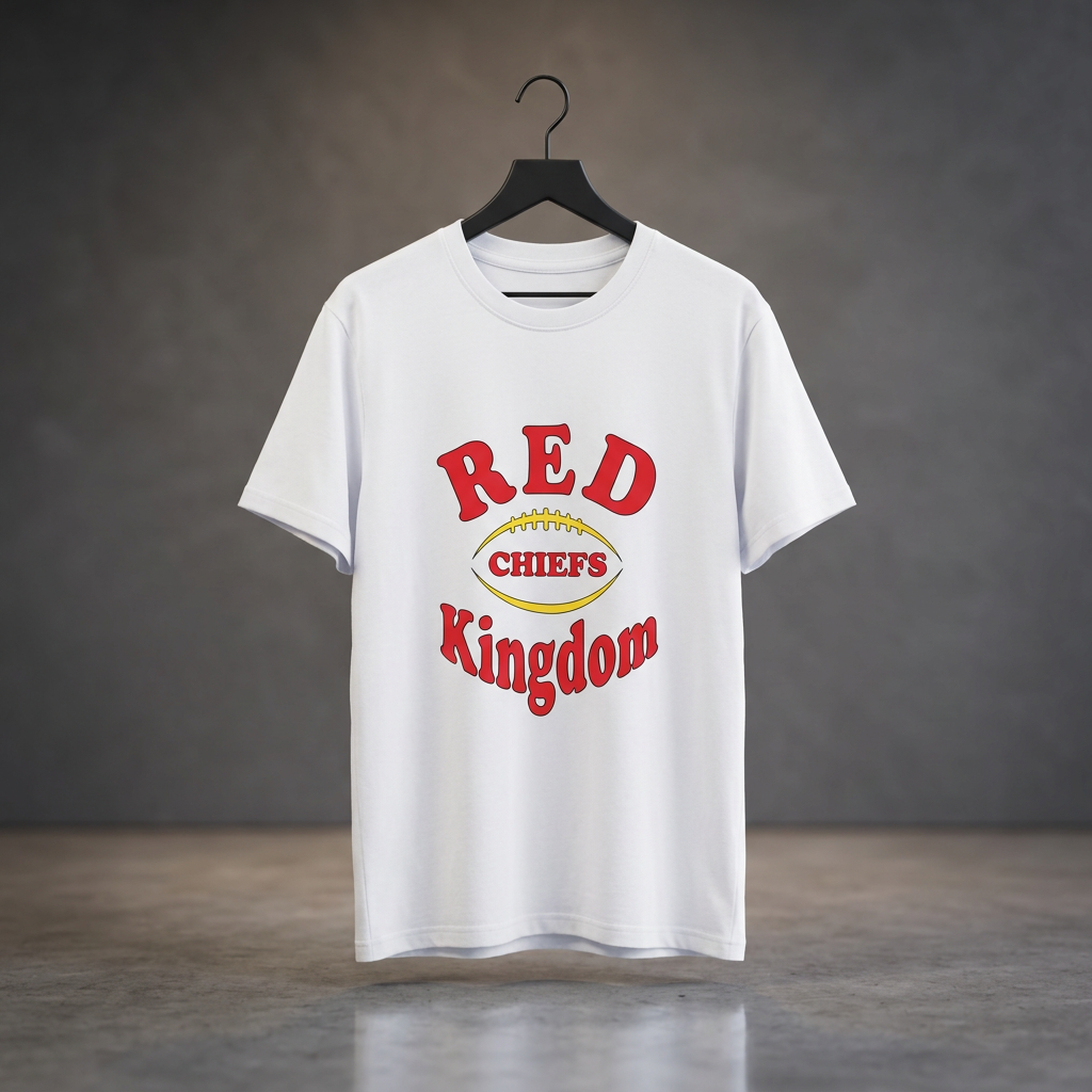 White Red Kingdom Chiefs custom printed t-shirt displayed in a boutique