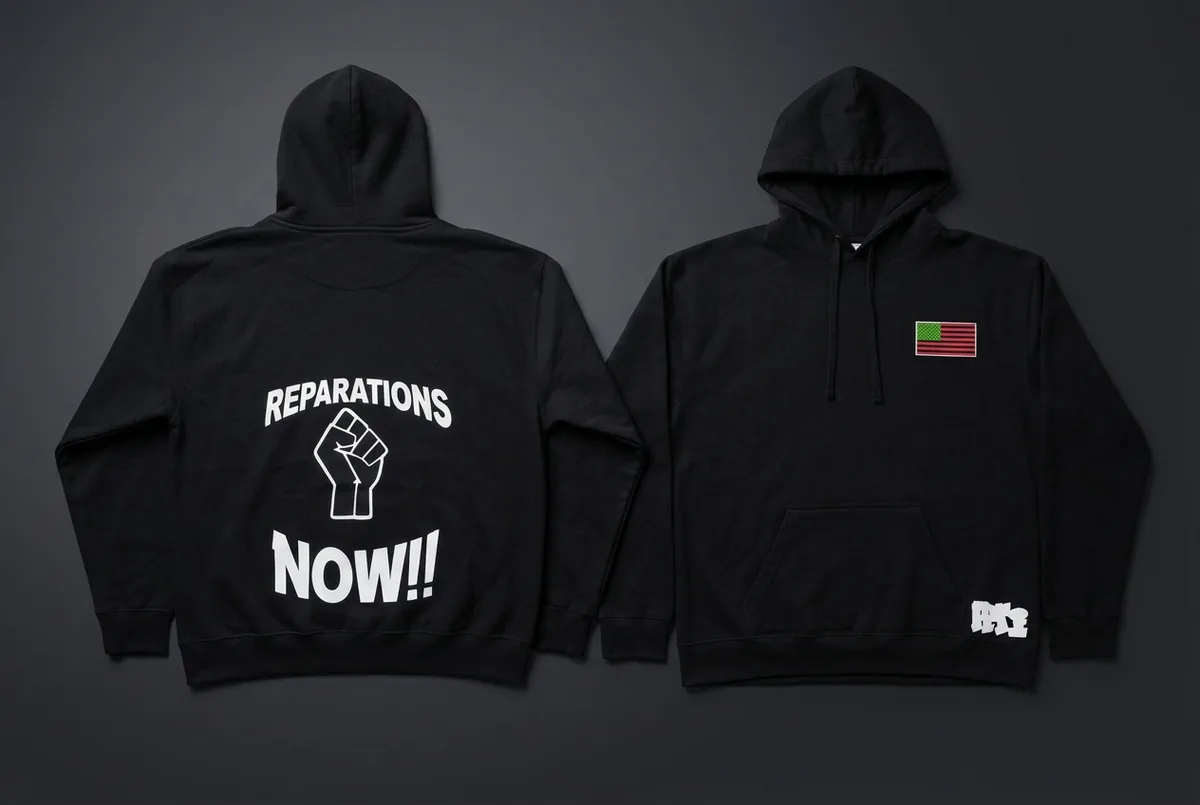 Two black custom-printed Reed The Ink hoodies with original Reparations Now artwork