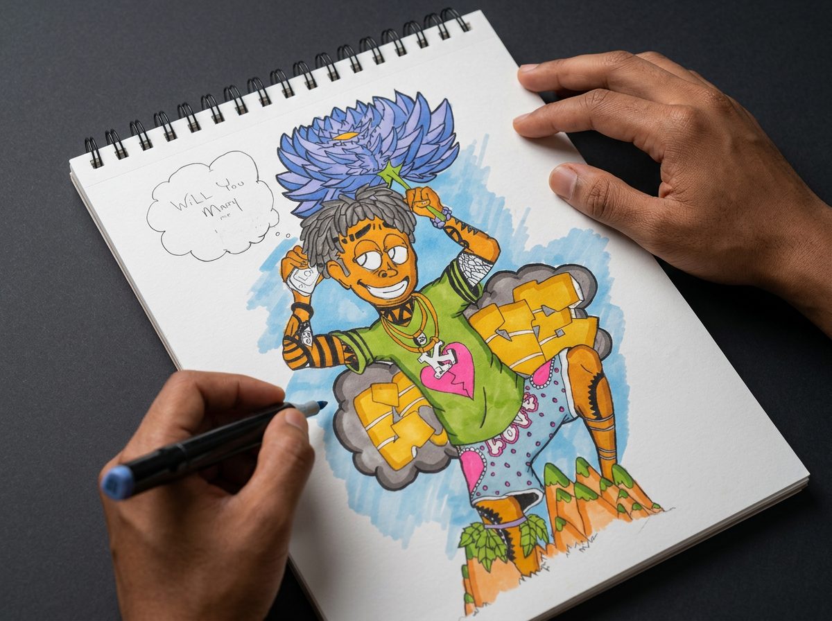 Original Reed The Ink character illustration being hand-drawn with markers in a sketchbook