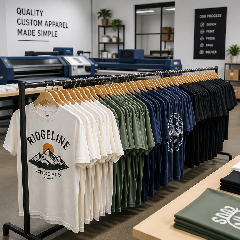 Rack of bulk custom printed t-shirts